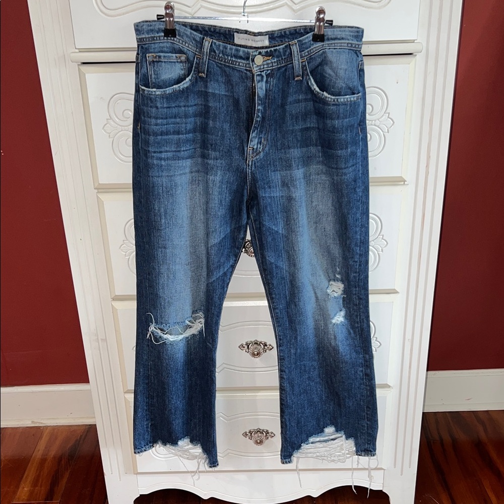 Flying Monkey Women's Distressed Blue Straight Leg Jeans